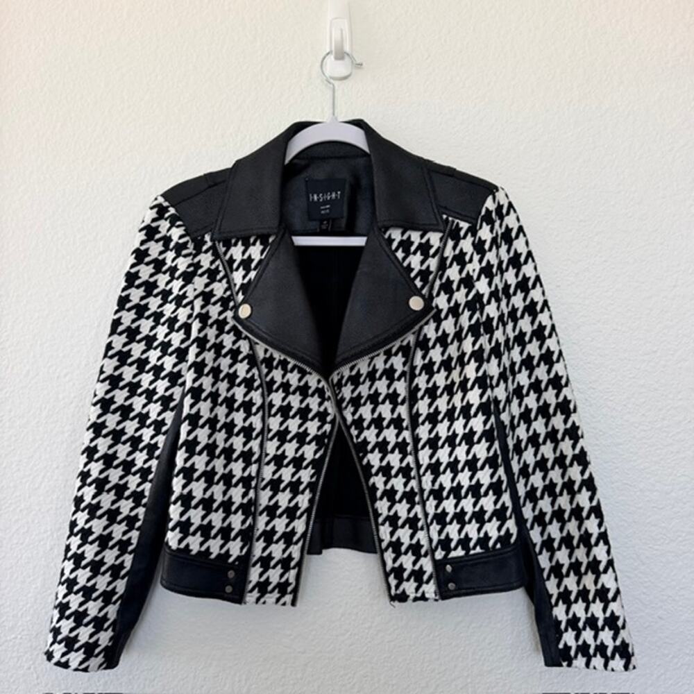 Insight Petite Moto Jacket Black & White Houndstooth Faux Leather Trim Women 4